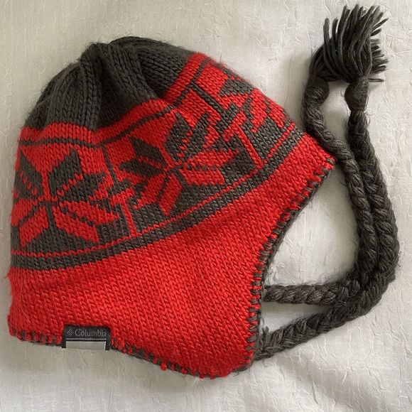 Columbia Ear Flap Hat Red Fair Isle Logo Heat Shield Pom Pom Knit Beanie Cap OS - Picture 5 of 12